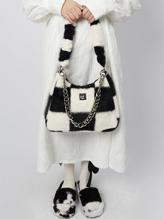 Checkerboard Plaid Chain Shoulder Fur Bag