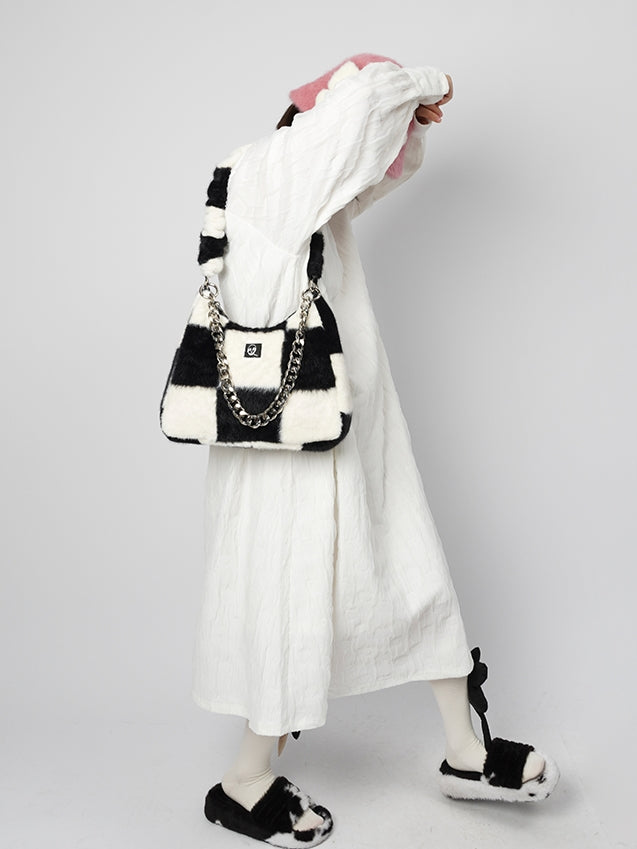 Checkerboard Plaid Chain Shoulder Fur Bag