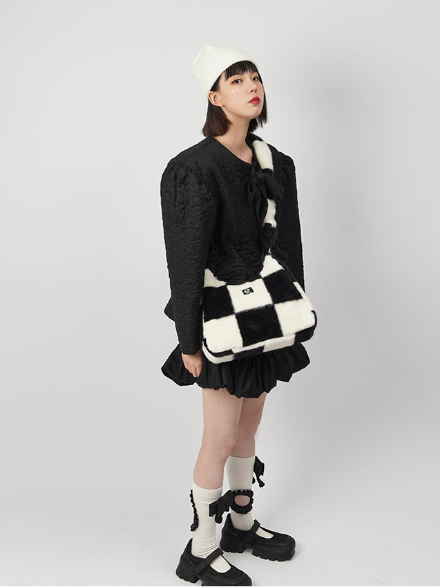 Checkerboard Plaid Chain Shoulder Fur Bag