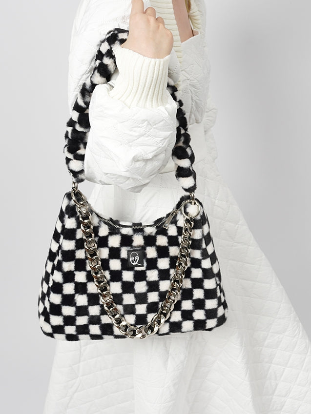 Checkerboard Plaid Chain Shoulder Fur Bag