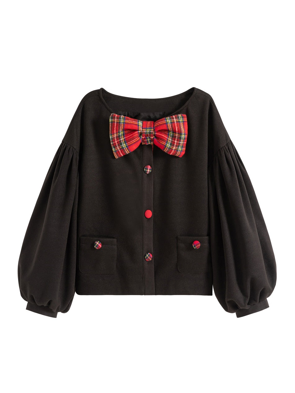 Ribbon Balloon-sleeve Girly Cardigan