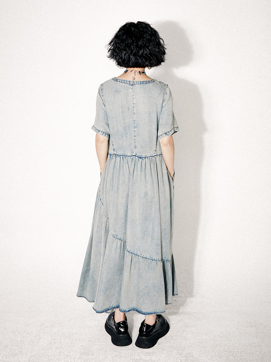 Washed Denim Flare Long ONE-PIECE