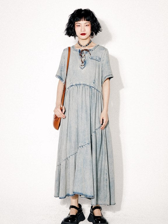 Washed Denim Flare Long One-piece