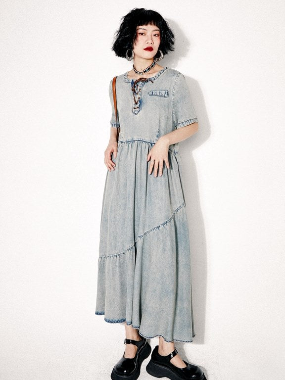 Washed Denim Flare Long ONE-PIECE