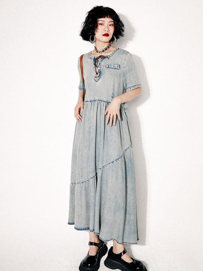 Washed Denim Flare Long One-piece