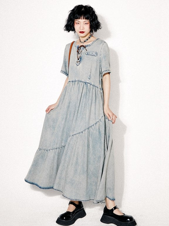 Washed Denim Flare Long ONE-PIECE