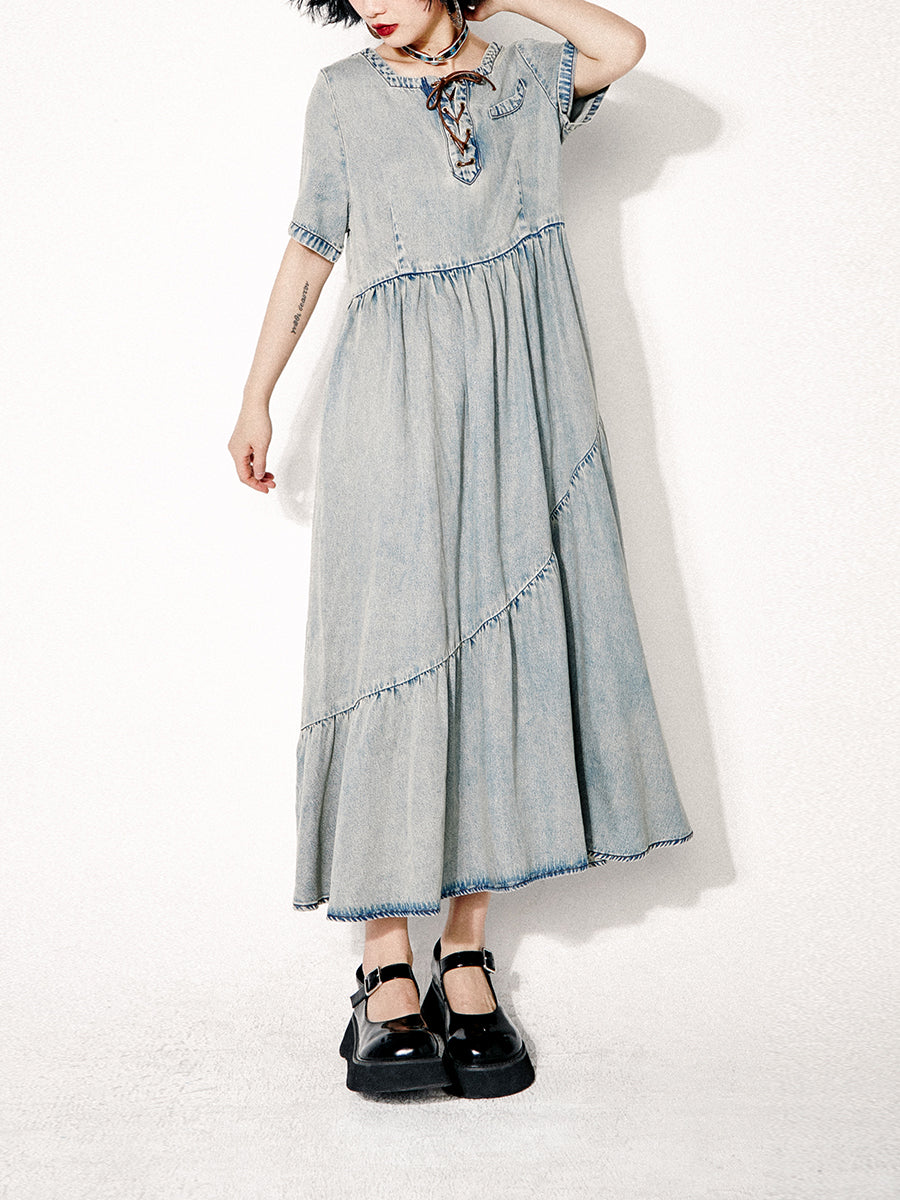 Washed Denim Flare Long One-piece