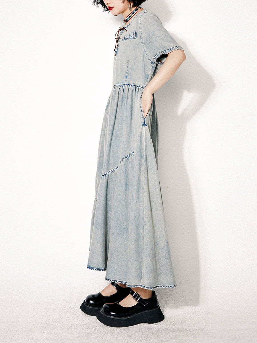 Washed Denim Flare Long One-piece