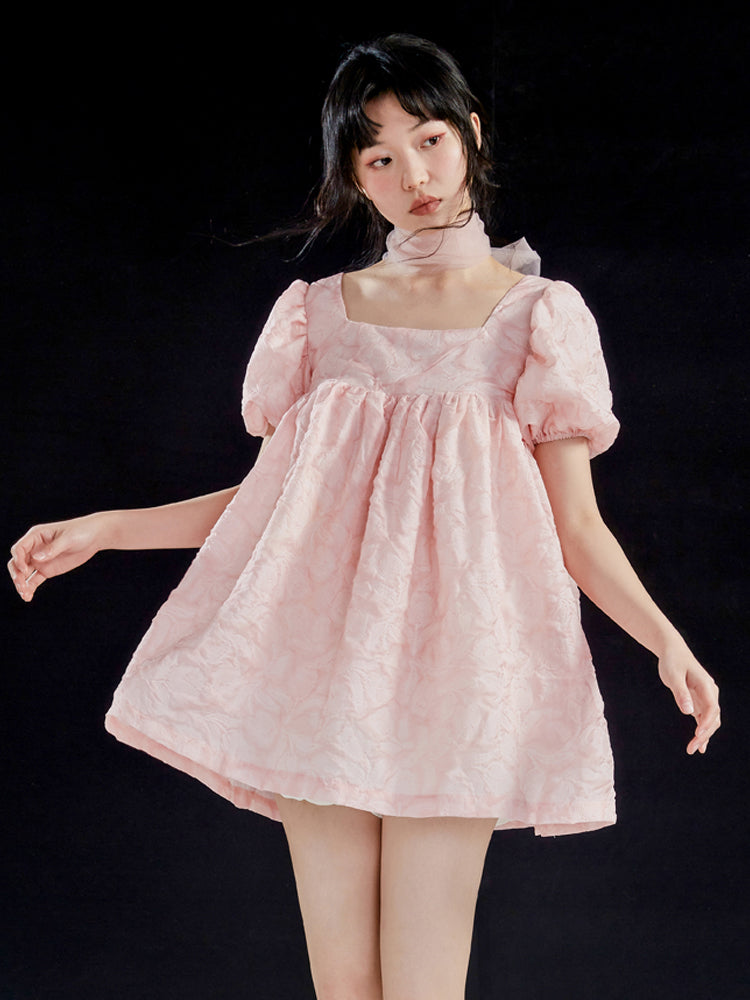 Flower Puff-sleeve Ribbon Doll One-piece