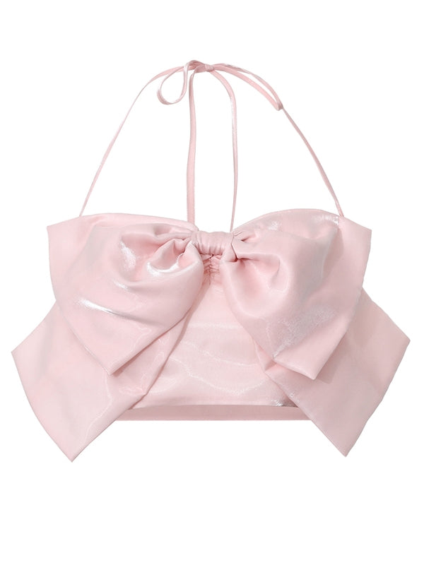 PINK GLOSSY BOW HALTER CORSET + Ruffle Skirt