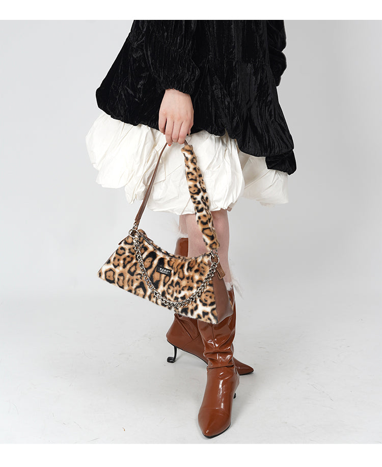 Wild Shoulder Leopard Checkerboard Plaid Fur Animal Bag