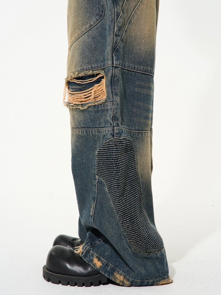 UNISEX DENIM DAMAGE FADED WIDE PANTS