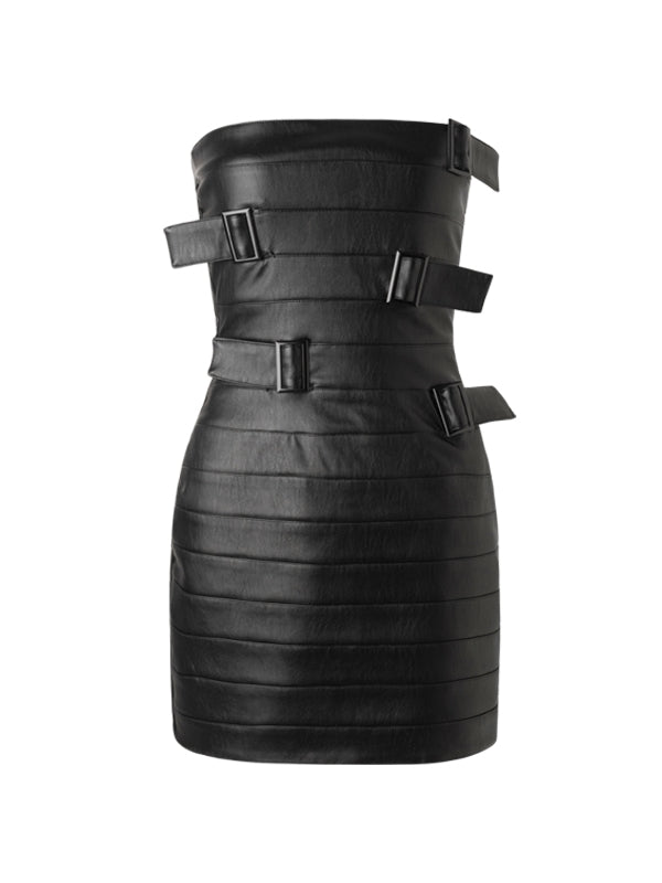 BUCKLE BANDAGE TUBE-TOP LEATHER ONE-PIECE