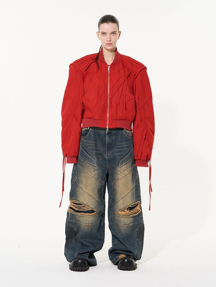 UNISEX DENIM DAMAGE FADED WIDE PANTS