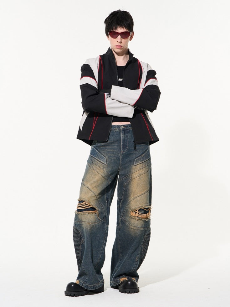 Unisex Denim Damage Faded Wide Pants