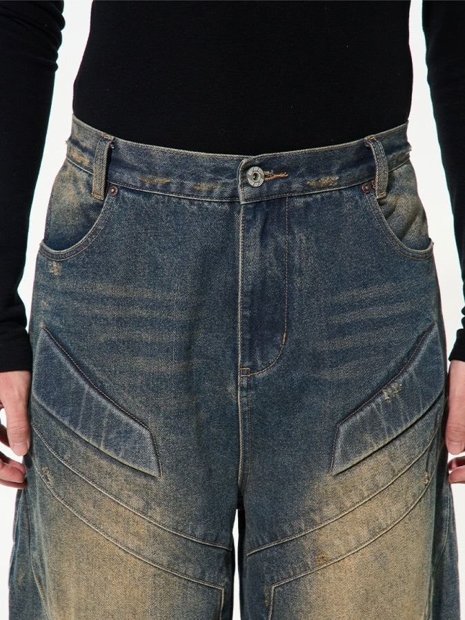 Unisex Denim Damage Faded Wide Pants