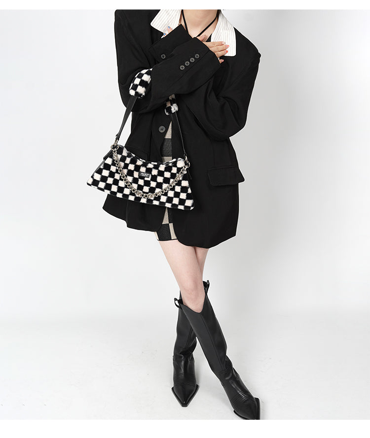 Black & White Checkerboard Furry Crossbody Tote Bag