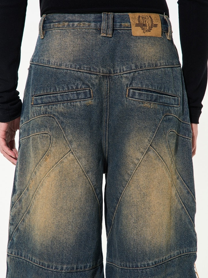 Unisex Denim Damage Faded Wide Pants