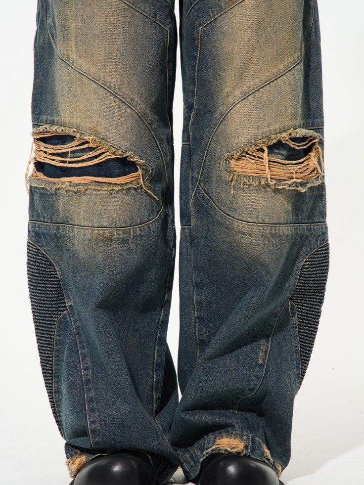 UNISEX DENIM DAMAGE FADED WIDE PANTS