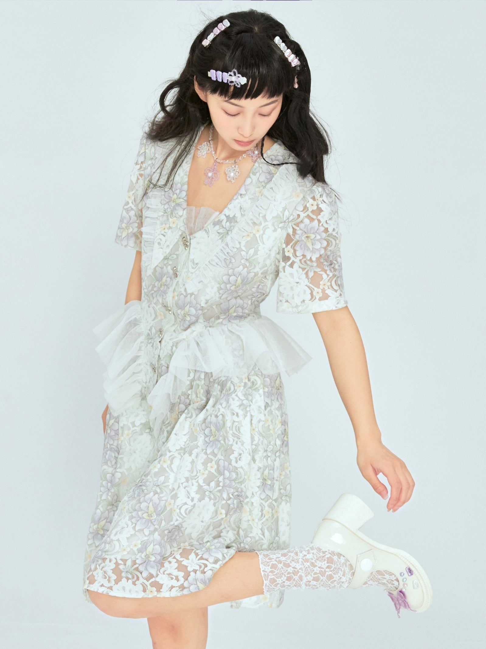 Vintage Floral Mesh Suit Collar Dress