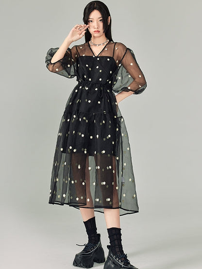 V-Ausschnitt Polka Dot Blumengitterkleid