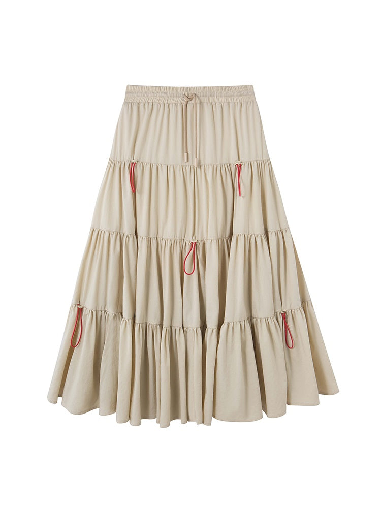 Tiered Pleaats Crumply Flare Drawstring Long-Skirt