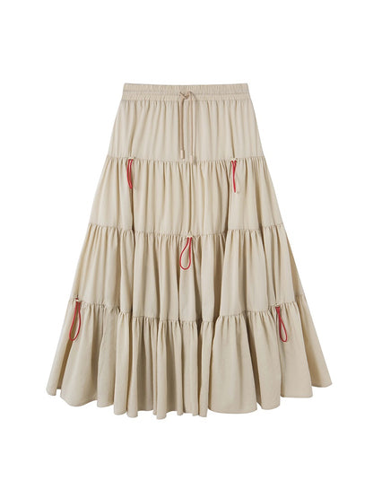 Tiered PLEAATS CRUMPLY FLARE DRAWSTRING LONG-SKIRT