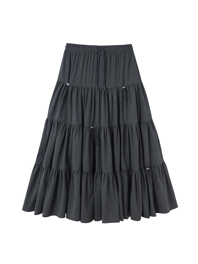 Tiered Pleaats Crumply Flare Drawstring Long-Skirt