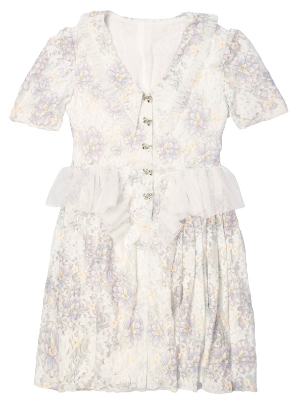 Vintage Floral Mesh Suit Collar Dress