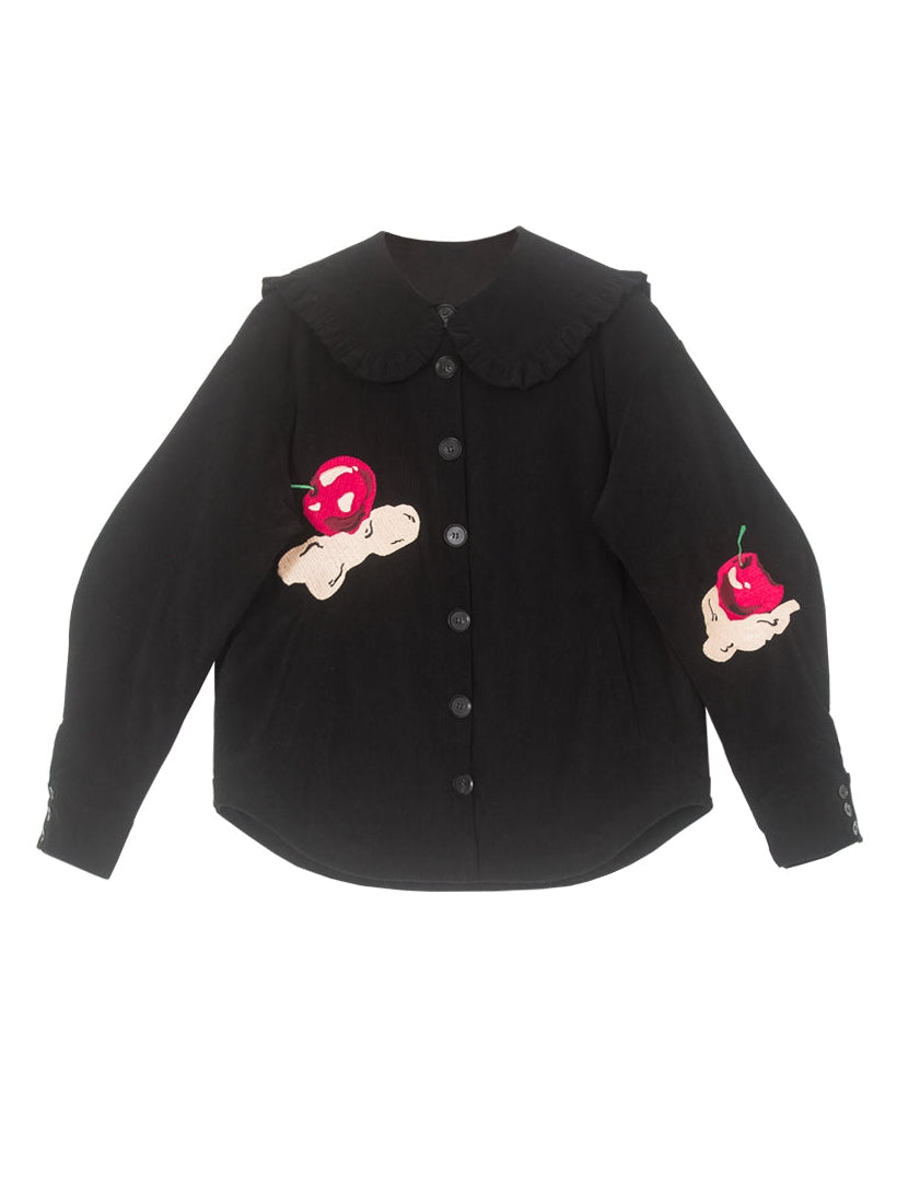 Cream Cherry Pattern Embroidery Navy Collar Jacket