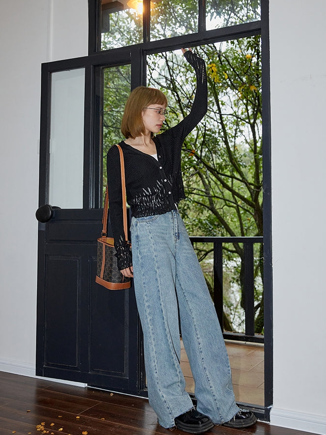 Cut-off Denim Wide Casual Pants