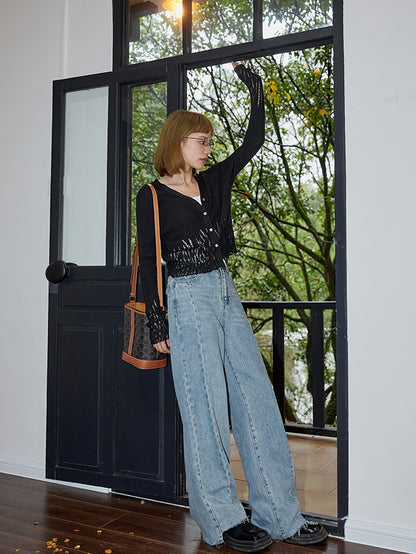 Cut-OFF DENIM WIDE CASUAL PANTS