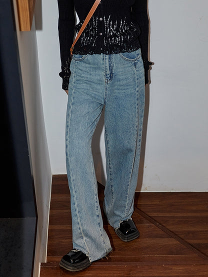 Cut-off Denim Wide Casual Pants