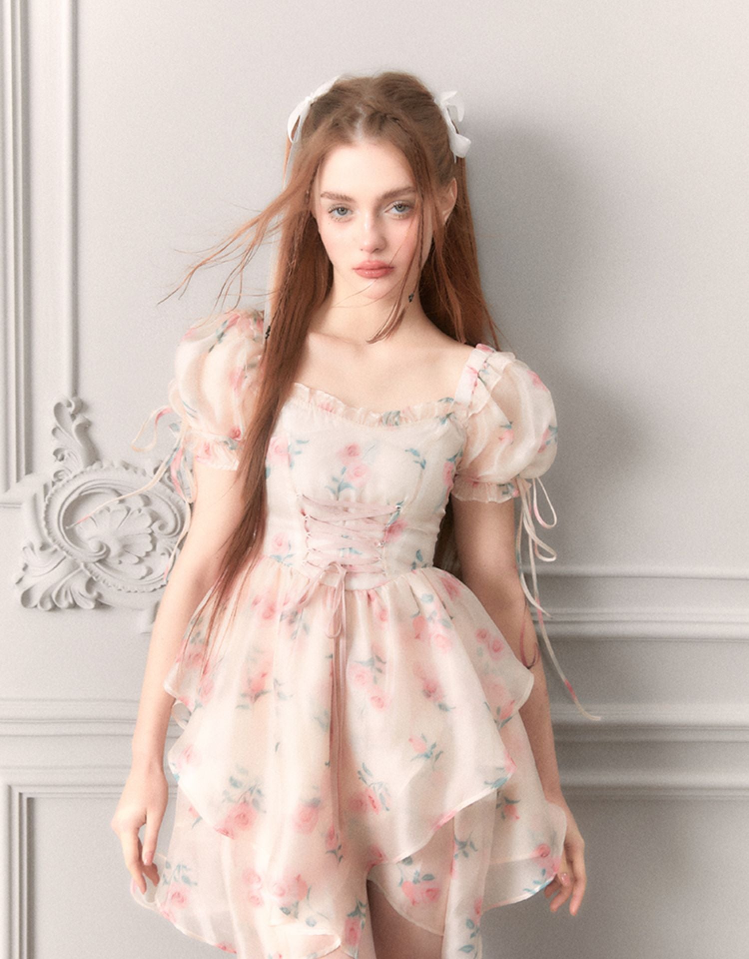 Chiffon Puff-Sleeve Prinzessin Blume Asymmetrische Schnürkleid