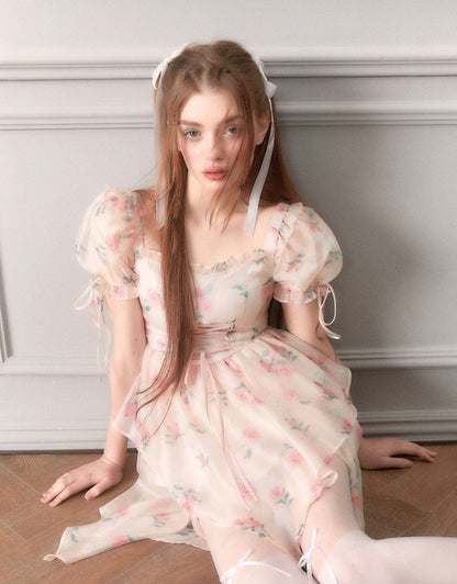 Chiffon Puff-Sleeve Prinzessin Blume Asymmetrische Schnürkleid