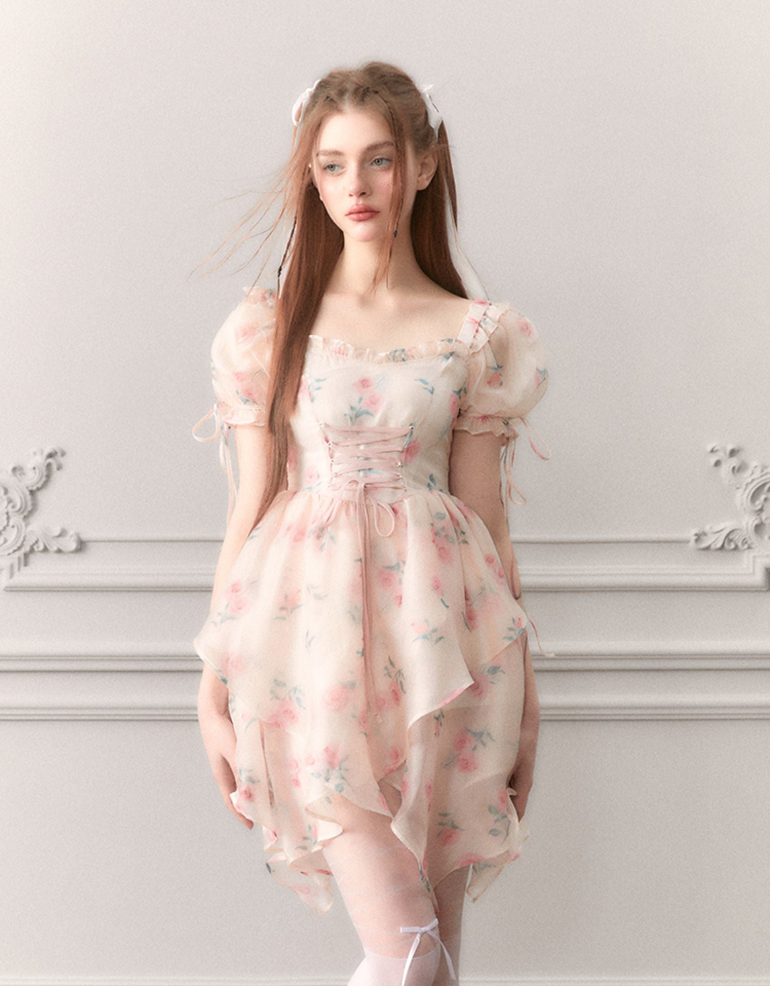 Ciffon Puff-sleeve Princess Flower Asymmetry Lace-up Dress