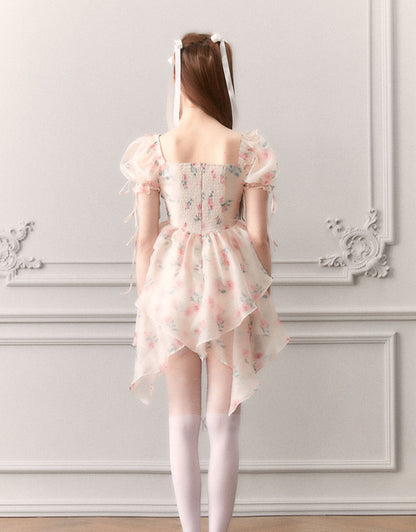 Ciffon Puff-sleeve Princess Flower Asymmetry Lace-up Dress