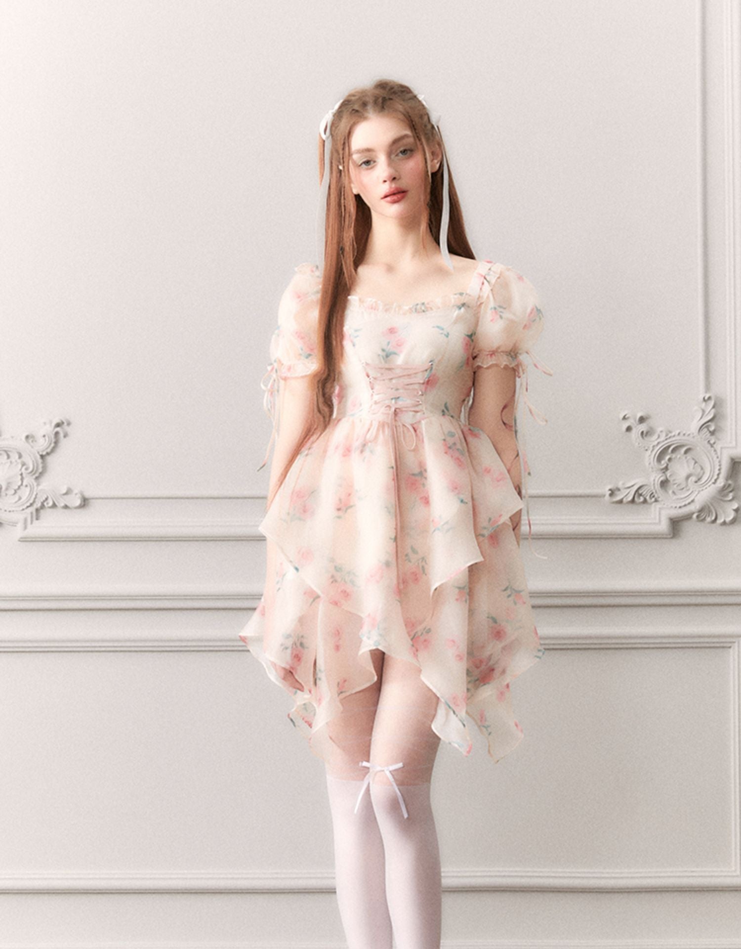 Ciffon Puff-sleeve Princess Flower Asymmetry Lace-up Dress