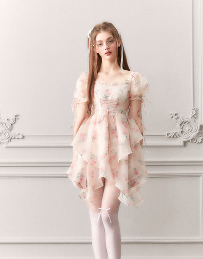 CIFFON PUFF-SLEEVE PRINCESS FLOWER ASYMMETRY LACE-UP Dress