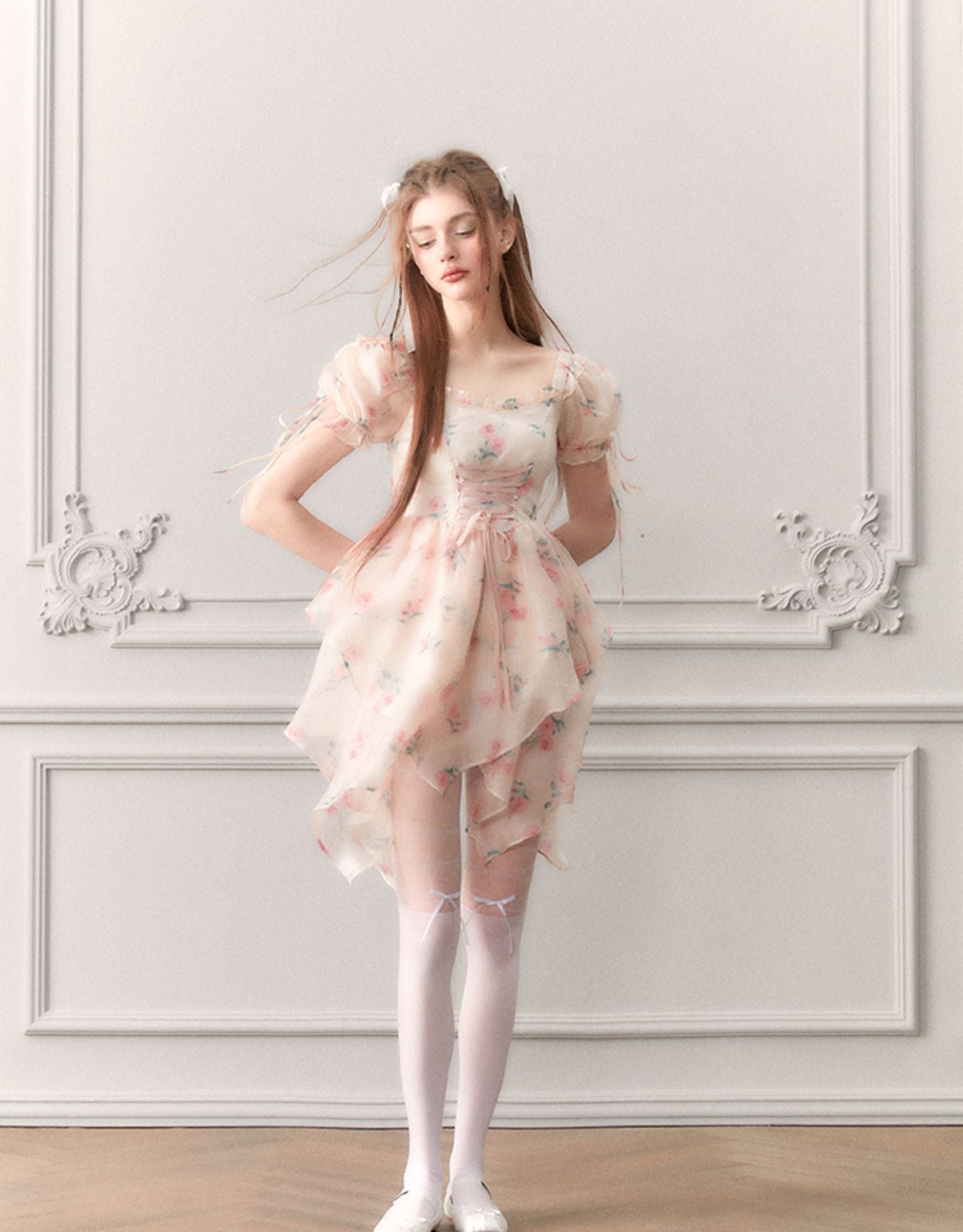 CIFFON PUFF-SLEEVE PRINCESS FLOWER ASYMMETRY LACE-UP Dress