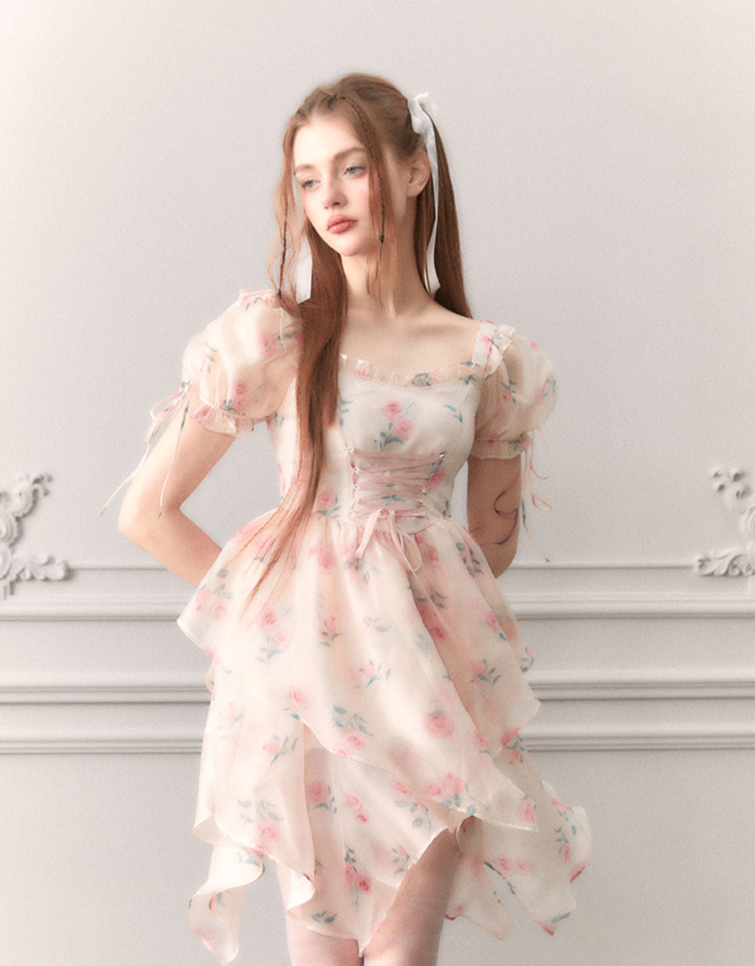 Ciffon Puff-sleeve Princess Flower Asymmetry Lace-up Dress