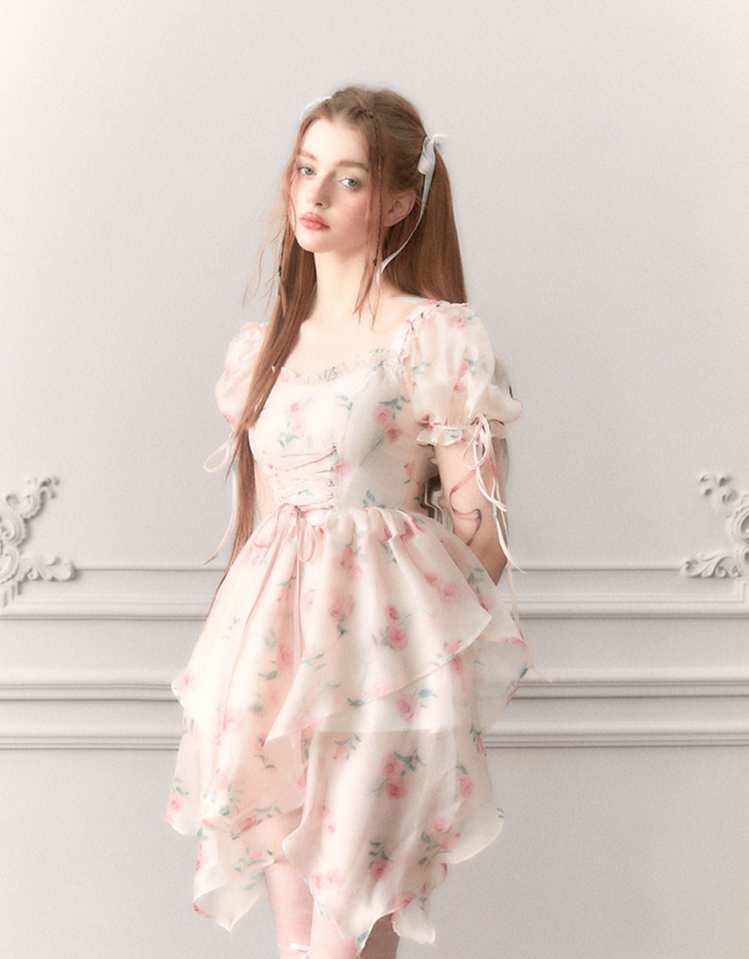 Chiffon Puff-Sleeve Prinzessin Blume Asymmetrische Schnürkleid