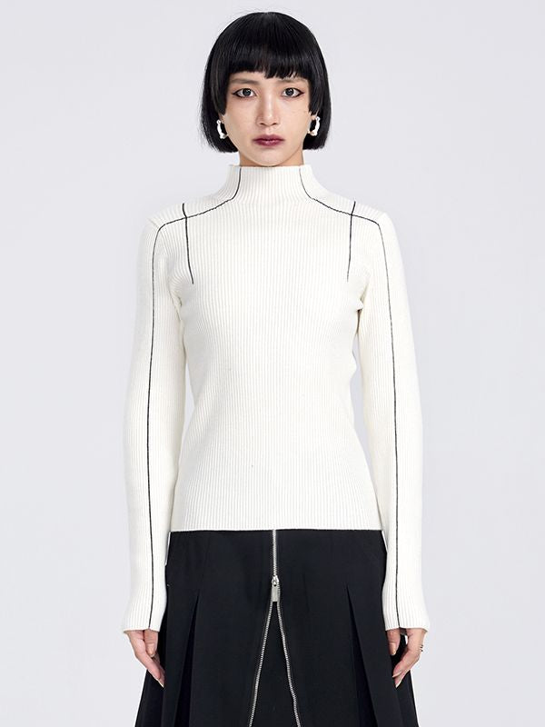 Simple High-neck Monotone Line Knit