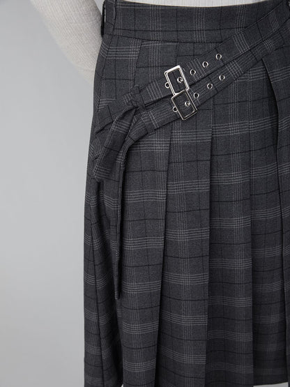 Collage-style Pleats Long Plaid Skirt