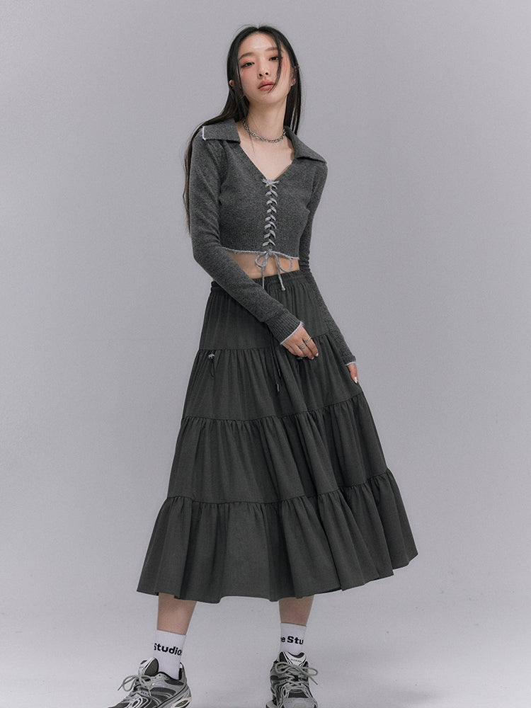 Tiered PLEAATS CRUMPLY FLARE DRAWSTRING LONG-SKIRT