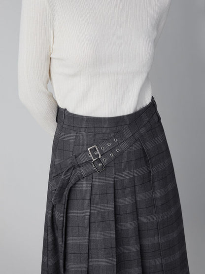 COLLAGE-STYLE PLEATS LONG PLAID SKIRT