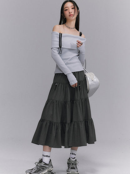 Tiered PLEAATS CRUMPLY FLARE DRAWSTRING LONG-SKIRT