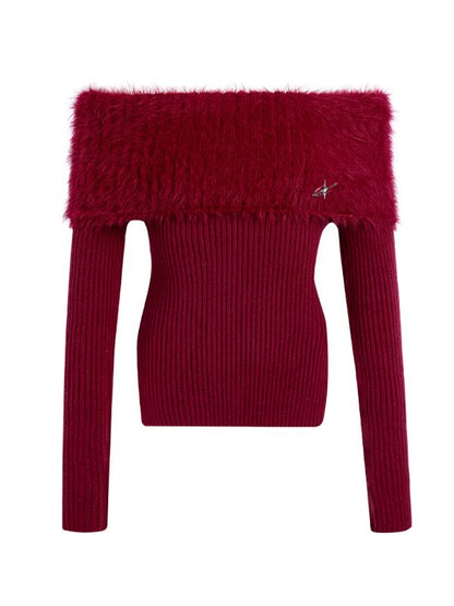 Off-Shouder Side-Slit Fur Rib-Knit