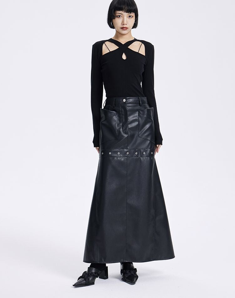 Leather Cool Long Flare Skirt