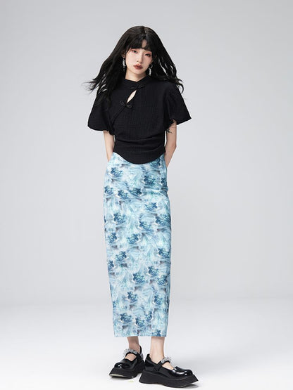 Puff-sleeve Flower Retro Blouse＆Pencil-Skirt